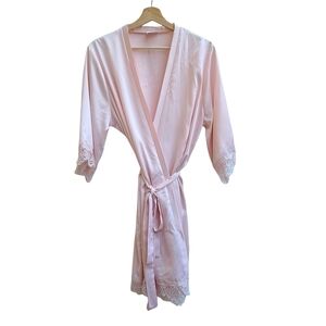 Le Rose Pink Satin Robe with Lace Detail on Cuffs, Waist Tie, Size Medium